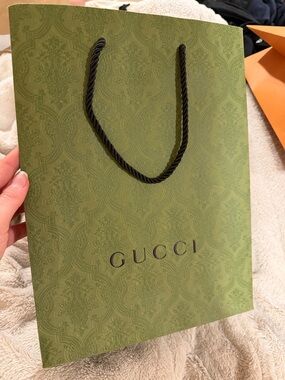 Gucci Olive Green Damask Logo Shopping Bag with Black Rope Handles